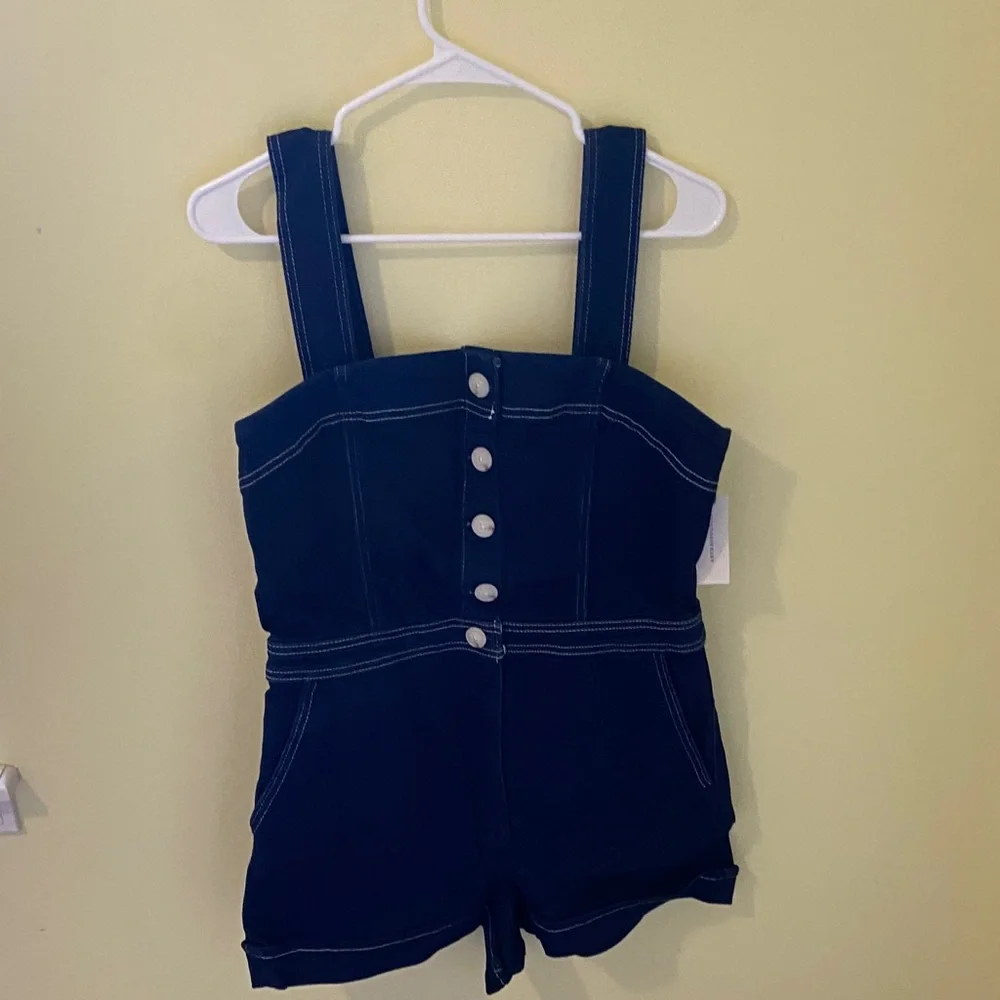 Anthropologie Dark Blue Denim Button Romper - Picture 3 of 6